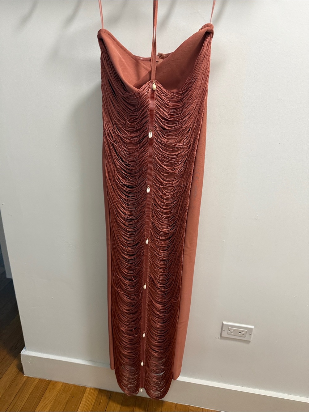 Fringed Rust bodycon dress with Shell Accent